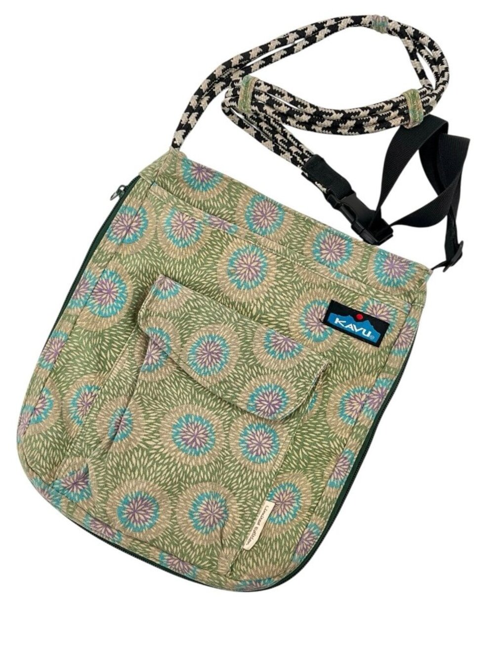 KAVU Limited Edition Gray Floral Pocket Front Rope Strap Cross Shoulder Bag